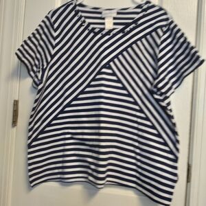 Alfred Dunner Navy and White Diagonal Stripe Tee Summer Nautical Casual